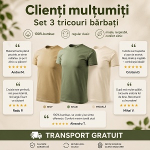 Set 3 Tricouri Bărbați 100% Bumbac – Culori Naturale, Nisip, Khaki, Migdală - Img 6