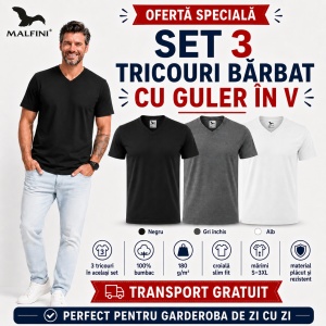Set 3 Tricouri Bărbați 100% Bumbac cu Guler V-Neck – Alb, Negru și Gri | Model 102 | Transport Gratuit - Img 7