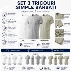Set 3 Tricouri Bărbați 100% Bumbac Regular Clasic – Alb, Gri Închis și Kaki Deschis | S-3XL - Img 2