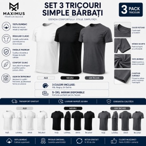 Set 3 Tricouri Bărbați 100% Bumbac Regular Clasic – Alb, Negru și Gri S - 3XL - Img 2