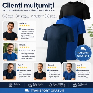 Set 3 Tricouri Bărbați 100% Bumbac Regular Clasic – Albastru Marin, Albastru Regal și Negru | S-3XL - Img 4