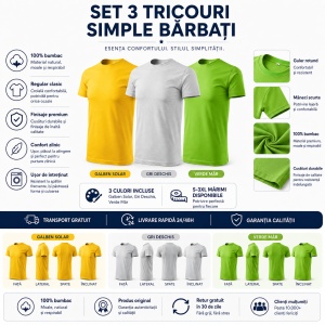 Set 3 Tricouri Bărbați 100% Bumbac Regular Clasic – Galben, Gri Deschis și Verde Mar | S-3XL - Img 2
