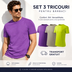 Set 3 Tricouri Bărbați 100% Bumbac Regular Clasic – Violet, Khaki Deschis și Lime | S-3XL - Img 8