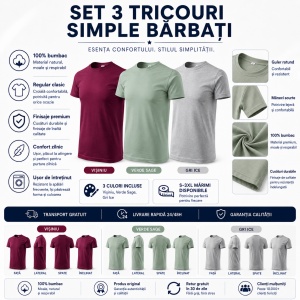 Set 3 Tricouri Bărbați 100% Bumbac Regular Clasic – Vișiniu, Verde Sage și Gri Ice | S-3XL - Img 2