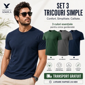 Set 3 Tricouri Bărbați 100% Bumbac Regular Fit – Gri Ardezie, Albastru Marin, Verde