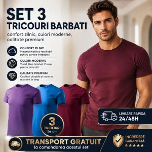 Set 3 Tricouri Bărbați 100% Bumbac Regular Fit – Violet, Blue Snorkel, Vișiniu - Img 3