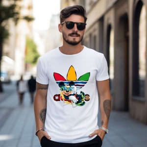 Un bărbat care poartă ochelari de soare și un tricou alb cu un design adidas colorat, ce include un personaj animat în stil Mickey Mouse relaxându-se pe un șezlong, pe un fundal urban.