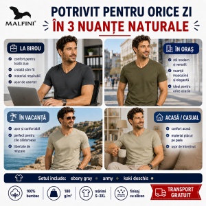 Set 3 Tricouri Bărbați Malfini 146 cu Guler în V, Premium, 100% Bumbac, Slim Fit, Ebony Gray, Army și Kaki Deschis, Mărimi S–3XL - Img 4