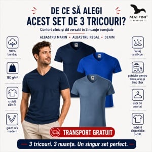 Set 3 tricouri bărbați Malfini Slim Fit V Neck 146, guler în V, 100% bumbac, 180 g/m², albastru marin, albastru regal și denim, mărimi S 3XL, transport gratuit - Img 2
