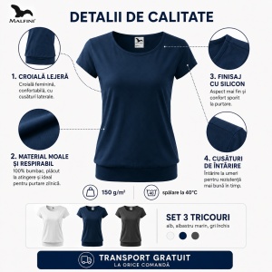 Set 3 tricouri bumbac 100%, cu banda aplicata jos elegant casual pentru femei 120 - Alb Gri Albastru Marin - Img 8