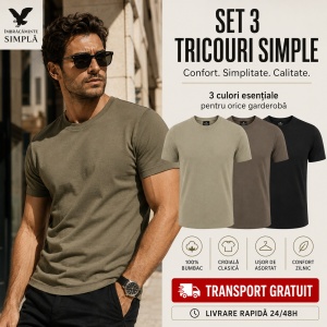 Set 3 tricouri bumbac 100% simplu clasic pentru barbati, army, kaki deschis, gri ardezie 132