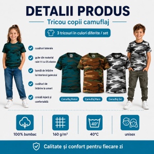 Set 3 tricouri camuflaj copii, 100% bumbac, pentru fete și băieți, mărimi 4–12 ani - Img 5