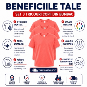 Set 3 tricouri copii din bumbac 100% – 33 nuanțe disponibile, fete și băieți Transport Gratuit - Img 7