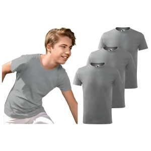 Tricou Copil baiat imbracat cu tricou gri inchis prezinta setul de 3 tricorui gri inchis