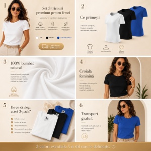 Set 3 Tricouri Damă 100% Bumbac – Casual Clasic, Alb, Negru și Albastru Regal | Transport Gratuit - Img 5