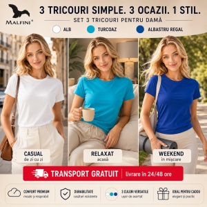 Set 3 Tricouri Damă 100% Bumbac – Casual Clasic, Alb, Turcoaz și Albastru Marin | Transport Gratuit - Img 5