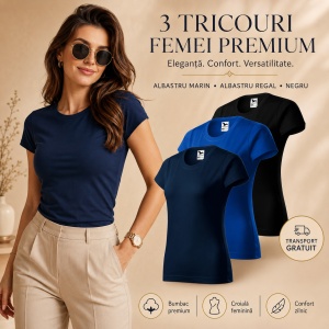 Set 3 Tricouri Damă 100% Bumbac – Casual Clasic, Albastru Marin, Albastru Regal și Negru | Transport Gratuit