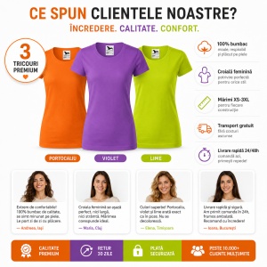 Set 3 Tricouri Damă 100% Bumbac – Casual Clasic, Portocaliu, Violet și Lime | Transport Gratuit - Img 5