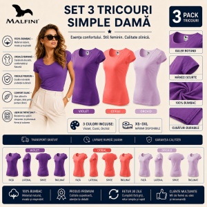 Set 3 Tricouri Damă 100% Bumbac – Elegant Casual cu Decolteu, Violet, Coral și Orchid | Model 122 | Transport Gratuit - Img 2