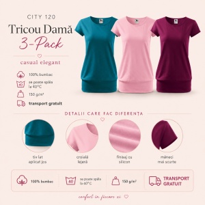 Set 3 Tricouri Damă cu Bandă Jos, 100% Bumbac – Turcoaz Închis, Roz și Rododendron - Img 2