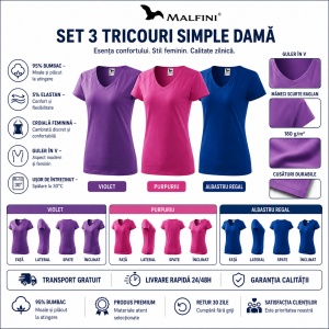Set 3 tricouri dama guler in V decolteu simplu culori violet, roz albastru v-neck 128 - Img 2