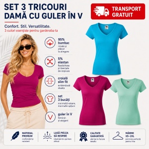 Set 3 Tricouri Damă Malfini 162 Fit V-Neck, Guler în V, 95% Bumbac, Slim Fit, Fucsia, Albastru Turcoaz, Verde Mentă, XS–2XL - Img 2
