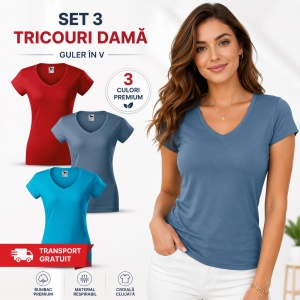 Set 3 Tricouri Damă Malfini 162 Fit V-Neck, Guler în V, Bumbac Premium, Roșu, Albastru Denim și Turcoaz - Img 5