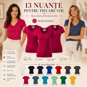 Set 3 Tricouri Damă Malfini Fit V-Neck 162 – 100% Bumbac, Croială Cambrată, Guler în V, 13 Culori