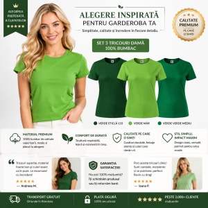Set 3 tricouri dama simple bumbac 100%, casual clasic pentru femei verde mediu, verde mar, verde sticla 133 - Img 8