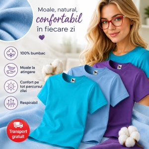 Set 3 tricouri dama simple bumbac 100%, casual clasic pentru femei multicolor, albastru deschis, turcoaz, violet 133 - Img 7