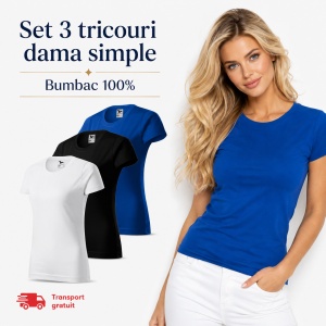 Set 3 tricouri dama simple bumbac 100%, casual clasic pentru femei multicolor, alb,negru, albastru regal 134