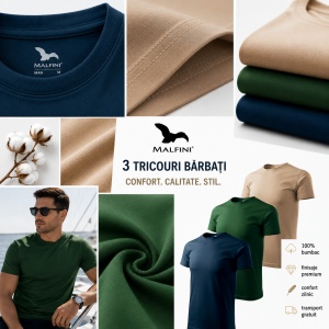 Set 3 tricouri de barbati, Malfini, Elegant Casual, Albastru marin/Verde sticla/Nisip - Img 2