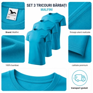 Set 3 tricouri din bumbac 100%, pentru barbati Basic Classic, Malfini, Turcoaz - Img 3