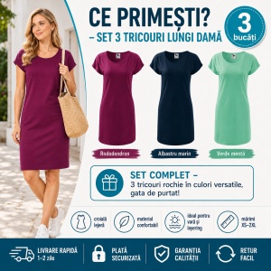 Set 3 Tricouri Lungi Damă Tip Rochie Malfini Love 123 – Rododendron, Albastru Marin și Verde Mentă - Img 2