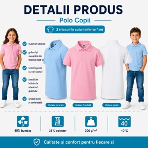 Set 3 Tricouri Polo Copii – Pentru Fete și Băieți, Ideale pentru Școală - Img 6