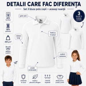 Set 3 Tricouri Polo Copii cu Mânecă Lungă – Bluze pentru Școală, Uniformă, Joacă și Timp Liber, Băieți și Fete - Img 2
