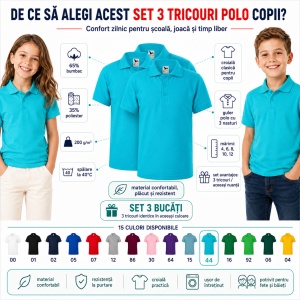 Set 3 tricouri polo copii, fete și băieți, 65% bumbac, 200 g/mp, aceeași culoare - Img 7