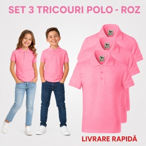 Set 3 tricouri polo copii, fete și băieți, 65% bumbac, 200 g/mp, aceeași culoare - Img 17