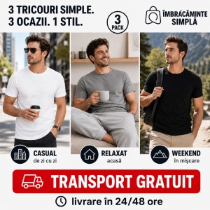 Set 3 tricouri simple, bumbac 100% Calitate clasic pentru barbati, alb, negru, gri 132 - Img 4