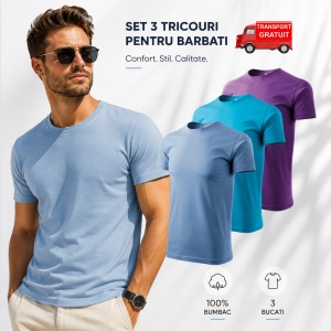 Set 3 tricouri simple clasice barbati, albastru deschis, trucuaz, violet