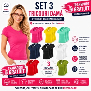 Set 3 tricouri simple dama bumbac 100%, Elegant casual cu decolteu femei, 122 - Img 2