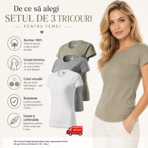 Set 3 tricouri simple dama bumbac clasic casual pentru femei, alb, gri inchis, kaki deschis 134 - Img 2