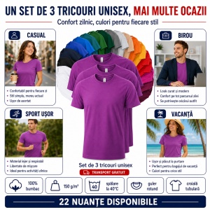 Set 3 tricouri unisex damă și bărbat, 100% bumbac, aceeași culoare, 22 nuanțe disponibile - Img 6