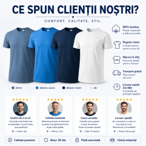 Set 4 Tricouri Bărbați 100% Bumbac Regular Clasic – Denim, Albastru Azuriu, Albastru Marin și Alb | S-3XL - Img 8