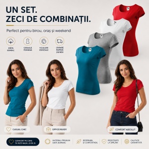 Set 4 Tricouri Damă 100% Bumbac – Casual Clasic, Albastru Petrol, Gri, Alb și Roșu | Transport Gratuit - Img 3
