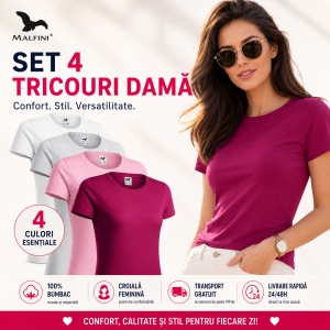 Set 4 Tricouri Damă 100% Bumbac – Casual Clasic, Roz, Roșu Fucsie, Gri Deschis și Alb | Transport Gratuit