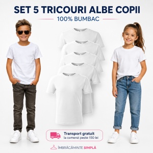 Set 5 Tricouri Albe Copii | Bumbac 100% Calitate Superioară