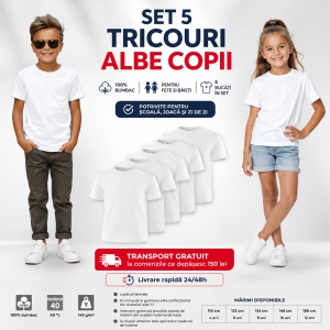Set 5 Tricouri Albe Copii | Bumbac 100% Calitate Superioară - Img 11
