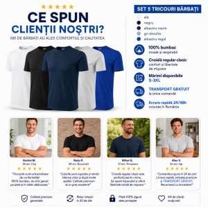 Set 5 Tricouri Bărbat Bumbac 100% | alb,negru,albastru marin gri deschis , si albastru regal | Transport Gratuit - Img 5
