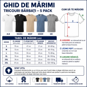 Set 5 Tricouri Bărbați 100% Bumbac – Alb, Negru, Nisip, Denim și Gri | S-3XL - Img 3